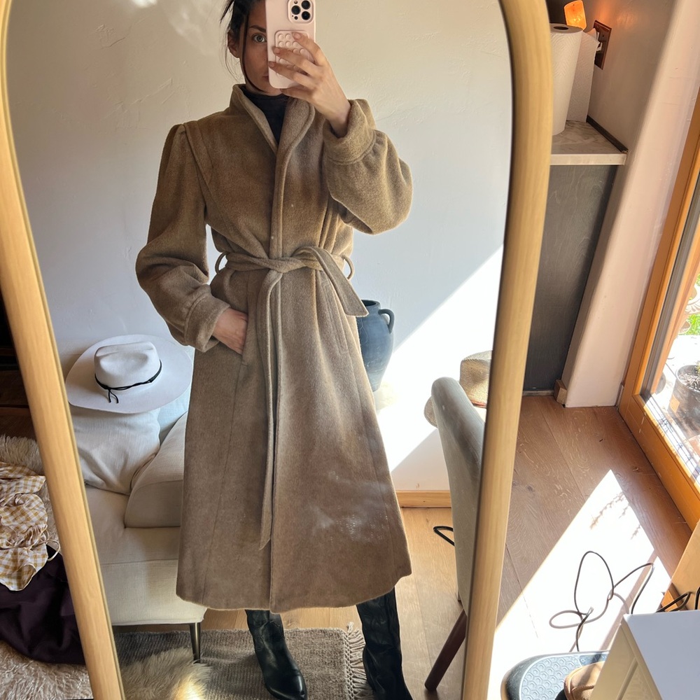 Womens Khaki Belted Wool-Blend Wrap Coat